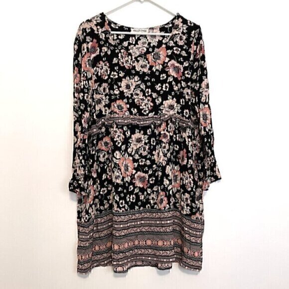 WALLFLOWER Black Pink Floral Striped Border Print Long Sleeve Boho Shift Dress - Picture 1 of 12